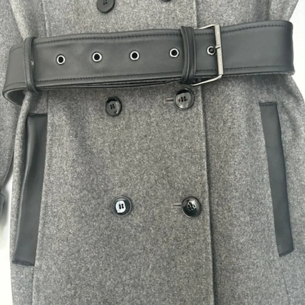 Kooples Grey Wool Blend Trench Coat with leather details - Picture 5 of 11